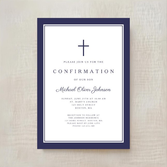 Invitation Confirmation moderne garçon croix bleu marine (Modern Navy Blue Cross Boy Confirmation Invitation)
