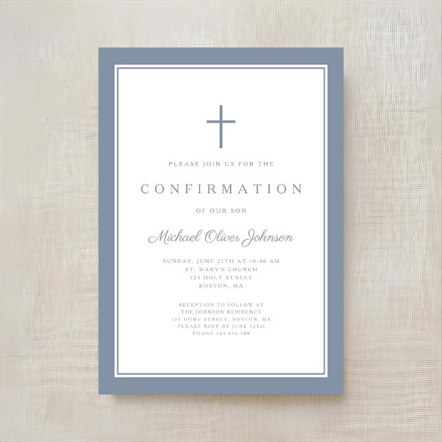 Invitation Confirmation Moderne Garçon Croix Bleu Poussiéreux (Modern Dusty Blue Cross Boy Confirmation Invitation)