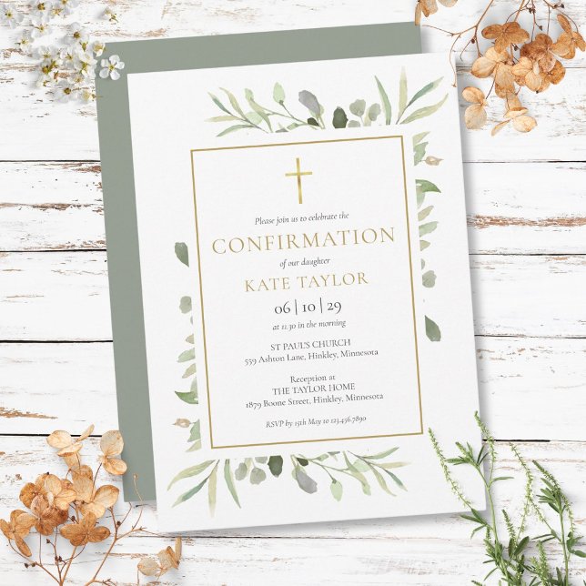 Invitation Confirmation Or Vert Aquarelle Et Or (Watercolor Greenery Gold Confirmation Invitation)