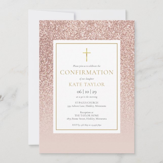 Invitation Confirmation Pailletée Or Rose (Devant)