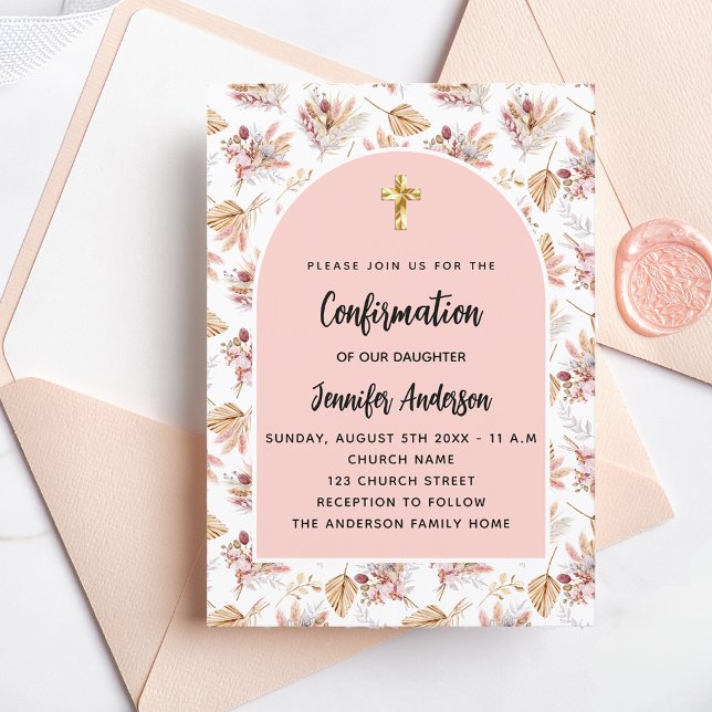 Invitation Confirmation pampas fleurs rose or boho (Créateur téléchargé)