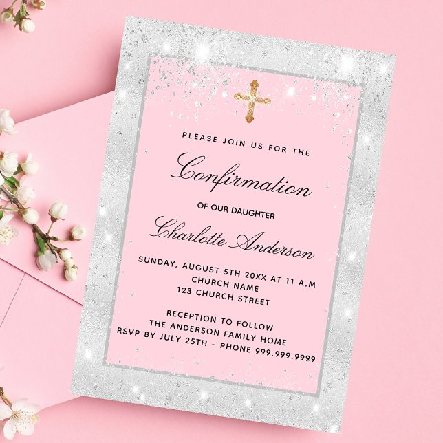 Invitation Confirmation parties scintillant rose argent scrip (Créateur téléchargé)