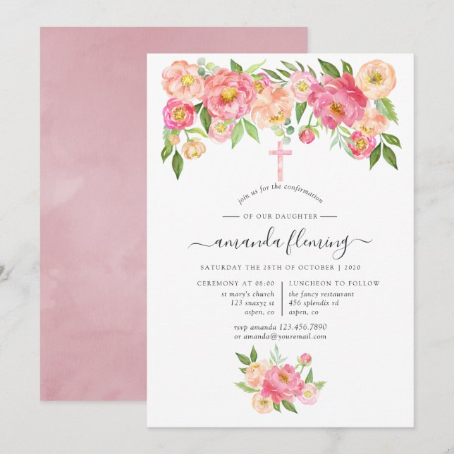 Invitation Confirmation Pastel à l'Aquarelle de Pivoines (Devant / Derrière)