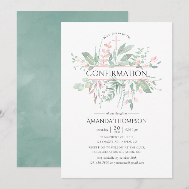 Invitation Confirmation Pastel Blush Greenery (Devant / Derrière)