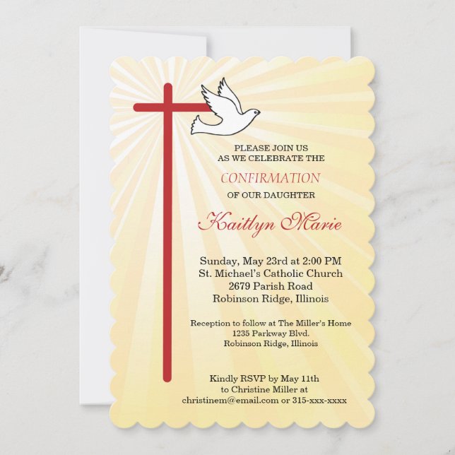 Invitation Confirmation pour Fille Croix Colombe Rayons Décou (Devant)