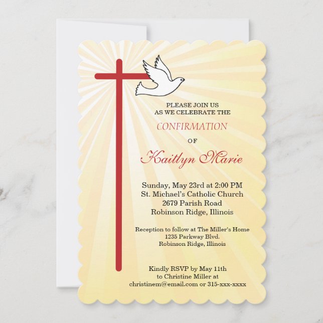Invitation Confirmation pour filles Croix Colombe Rayons Dent (Devant)