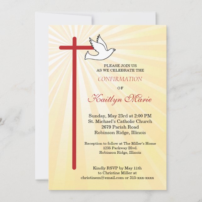Invitation Confirmation pour filles Croix Colombe Rayons Doré (Devant)
