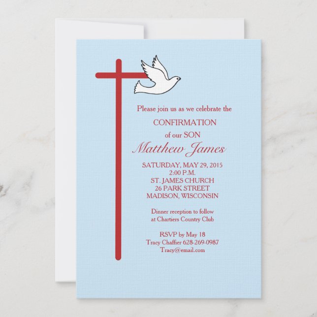 Invitation Confirmation pour fils avec croix et colombe bleue (Devant)
