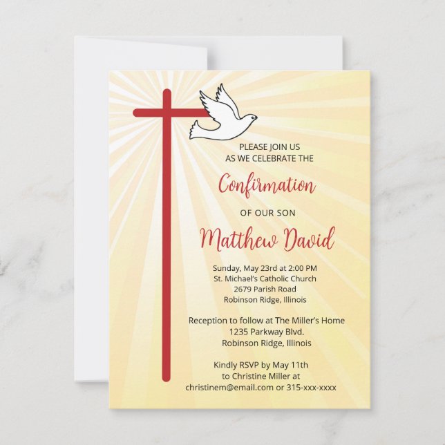 Invitation Confirmation pour fils Croix Colombe Rayons Dorés (Devant)