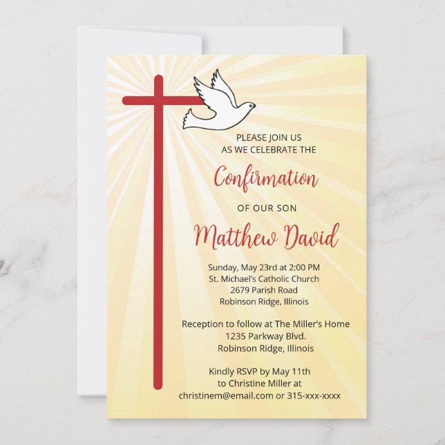 Invitation Confirmation pour fils Croix Colombe Rayons Dorés (Devant)