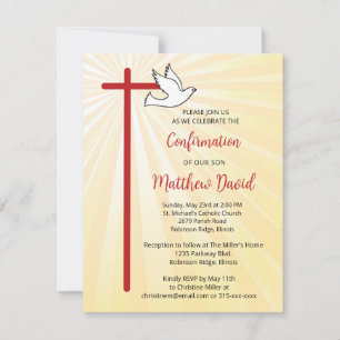 Invitation Confirmation pour fils Croix Colombe Rayons Dorés