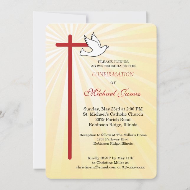 Invitation Confirmation pour garçons Croix Colombe Rayons Dor (Devant)