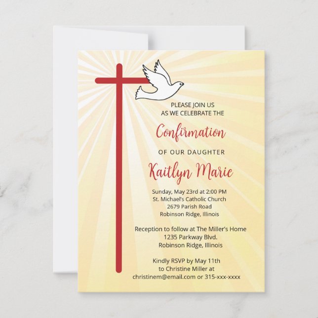 Invitation Confirmation pour la Fille Colombe d'Or Rayons (Devant)