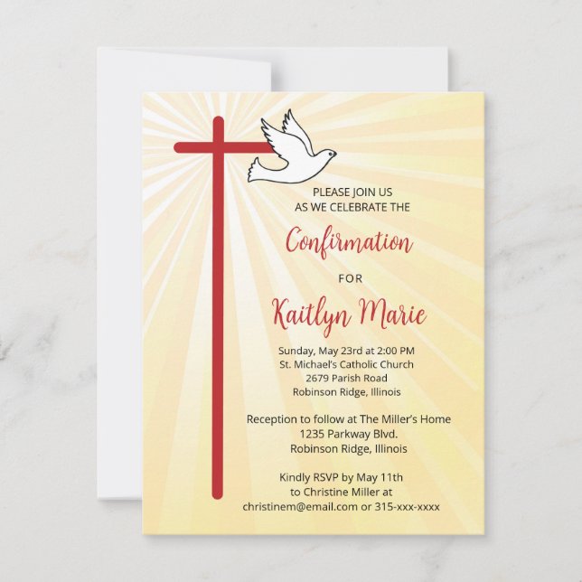 Invitation Confirmation pour une fille Croix Colombe Rayons D (Devant)