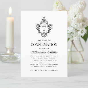 Invitation Confirmation religieuse Crête Vintage noire et bla
