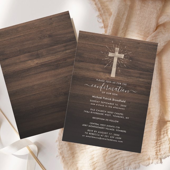 Invitation Confirmation religieuse Rustique Cross Wood (Rustic Cross Wood Religious Confirmation Invitation)