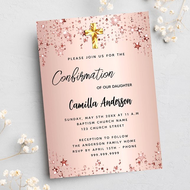 Invitation Confirmation rose or étoiles fille luxe (Créateur téléchargé)