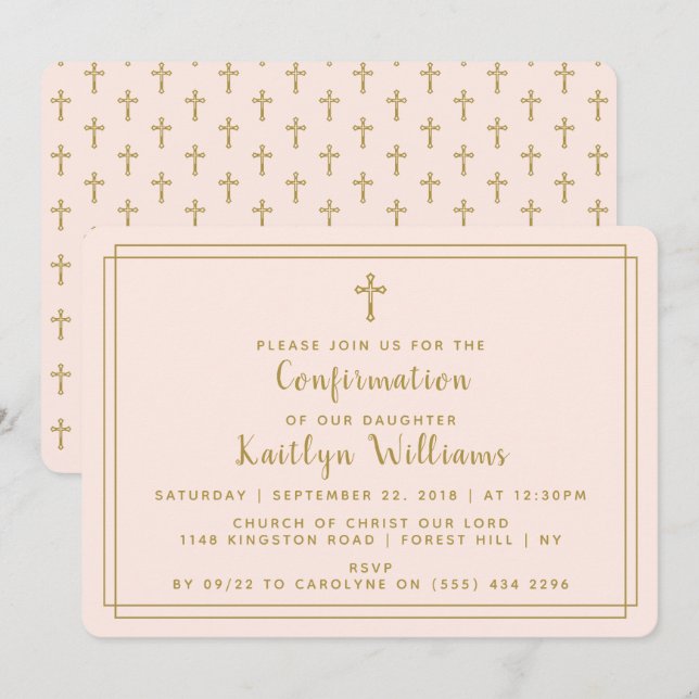 Invitation Confirmation simple Gold & Blush Pink Holy Cross (Devant / Derrière)