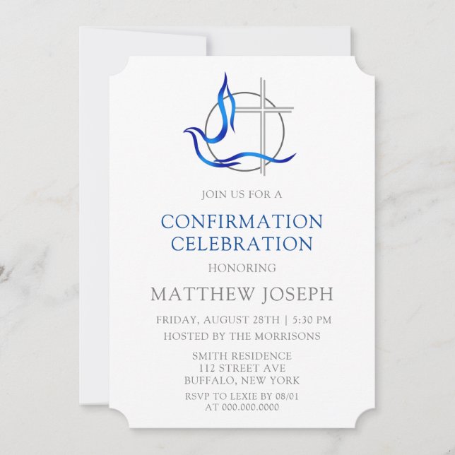 Invitation Confirmation trendy Blue and Grey Cross Dove (Devant)