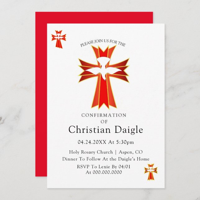 Invitation Confirmation Trendy Red Yellow Cross et Dove (Devant / Derrière)