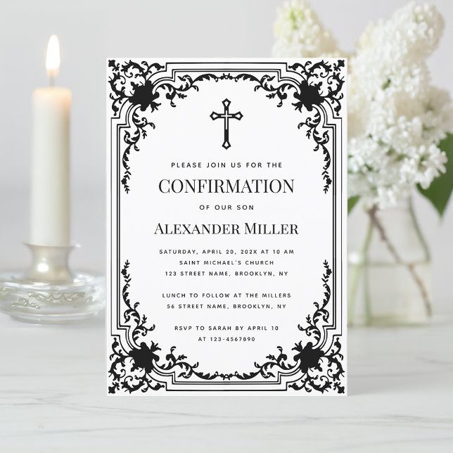 Invitation Confirmation Vintage Noir et Blanc Croix Religieus (Créateur téléchargé)