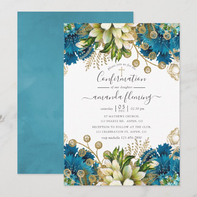 Invitation Confirmation vintage Turquoise et Gold Shabby (Devant / Derrière)