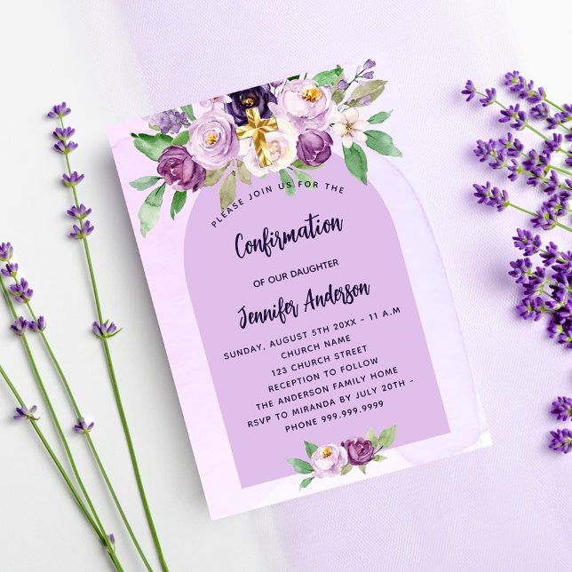 Invitation Confirmation violet fleurs violet croix fille (Créateur téléchargé)