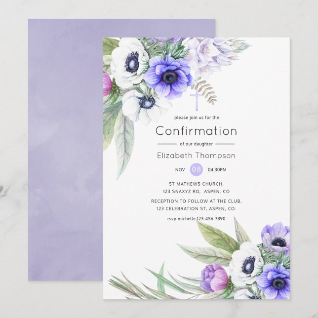 Invitation Confirmation Violet pastel et floral plum (Devant / Derrière)