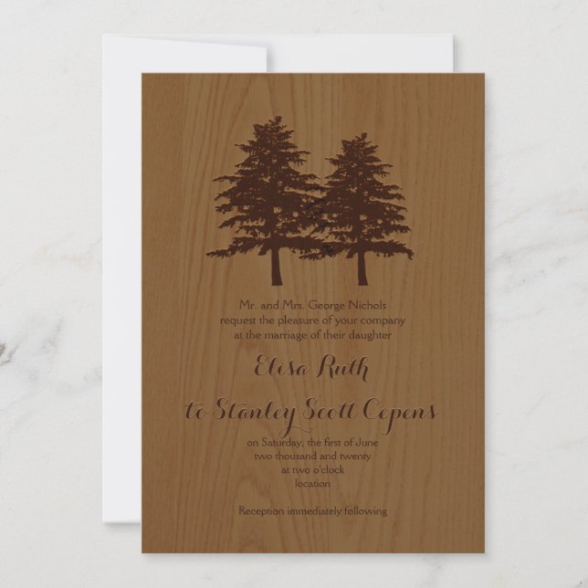 Invitation Conifères sur bois brun mariage (Devant)