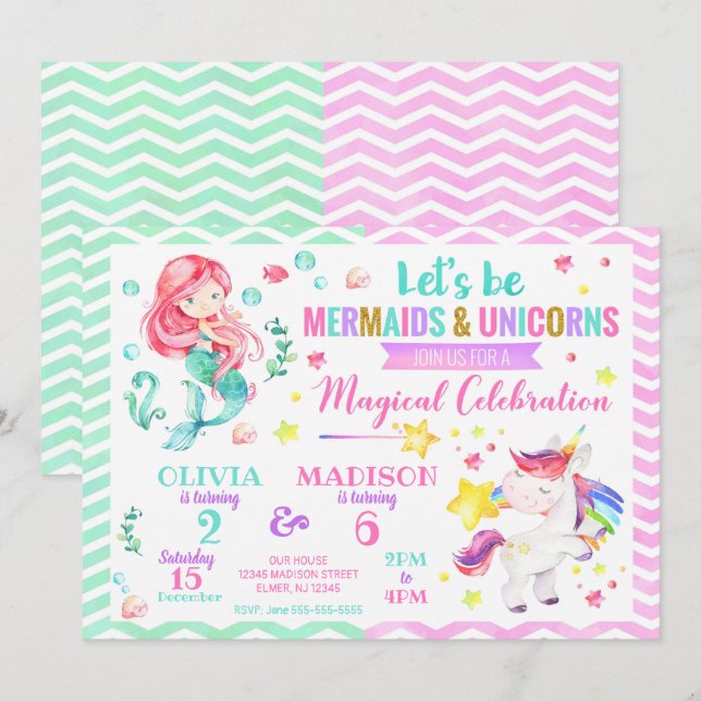 Invitation conjointe d'anniversaire de Mermaid et  (Devant / Derrière)