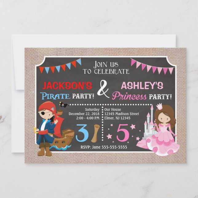 Invitation conjointe d'anniversaire de princesse e (Devant)