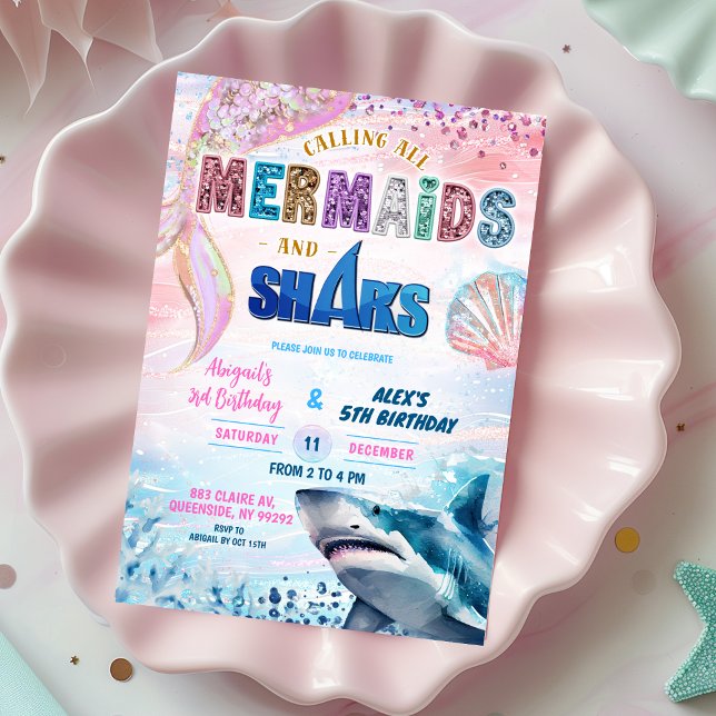 Invitation conjointe d'anniversaire de requins et  (Créateur téléchargé)