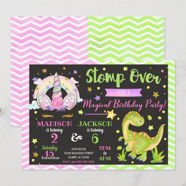 Invitation conjointe d'anniversaire Licorne et Din (Devant / Derrière)