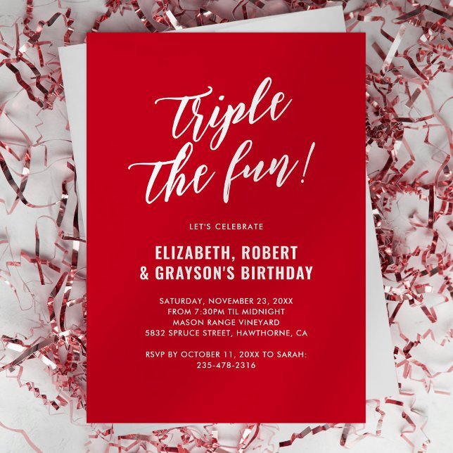 Invitation conjointe d'anniversaire Triple Fun rou (Créateur téléchargé)
