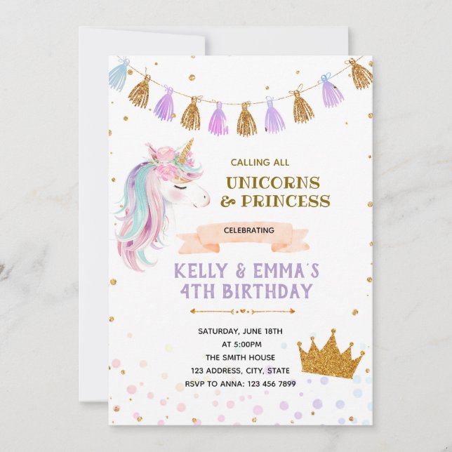 Invitation conjointe de Princesse et licorne (Devant)