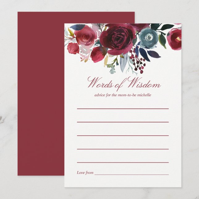 Invitation Conseils de Baby Shower Boho Chic bordeaux et mari (Devant / Derrière)