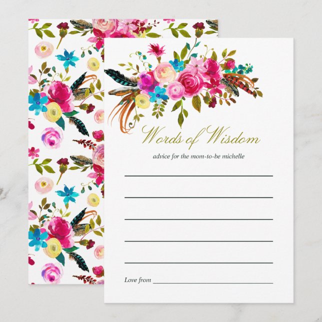 Invitation Conseils de maman pour Baby Shower aquarelle Boho  (Devant / Derrière)
