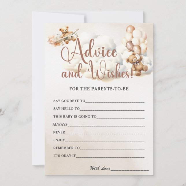 Invitation CONSEILS ET SOUHAITS Baby shower Jeu mignon Ours (Devant)