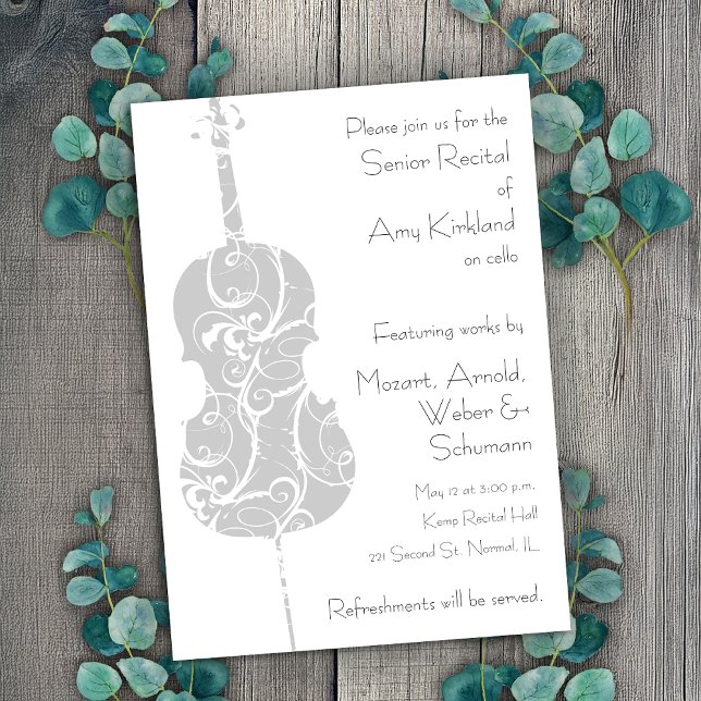 Invitation Considérant Cello (Customizable cello recital invitation template by Horn and Castle.)