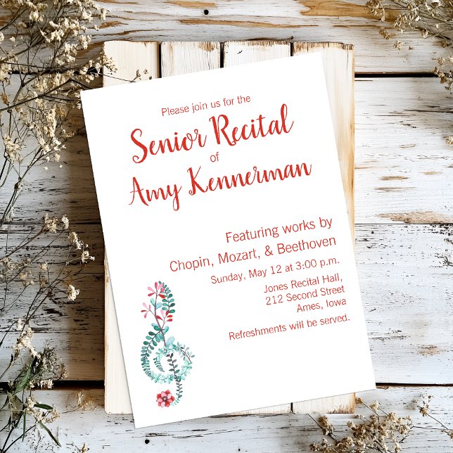 Invitation Considérant musique senior (Custom senior recital invitation with a watercolor floral treble clef.)