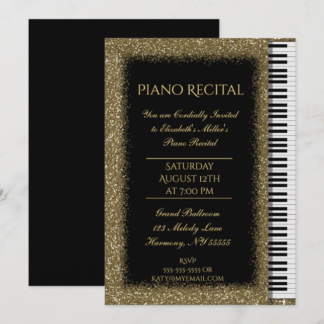 Invitation Considérant piano avec Parties scintillant or sur  (Devant / Derrière)
