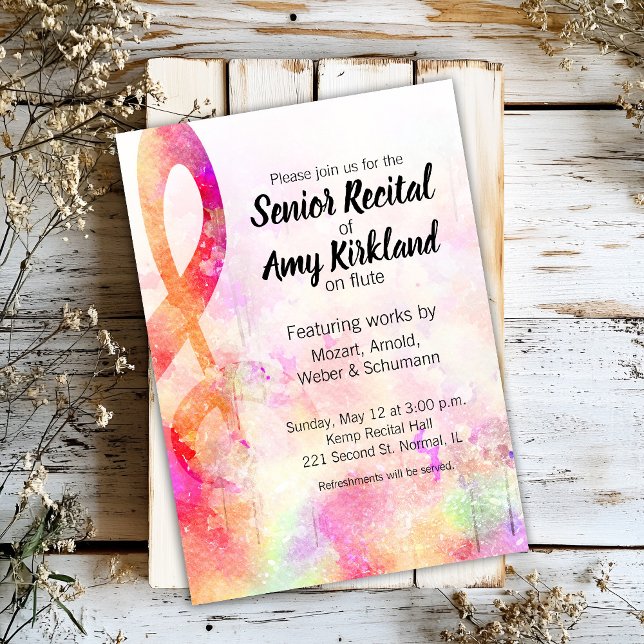 Invitation Considérant supérieur Aquarelle Arbre Clé (Pink watercolor abstract treble clef themed music recital invitation - customizable.)