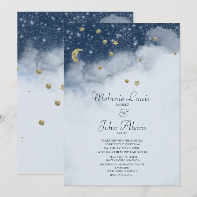 Invitation Constellation Nuages Rêveurs Mariage Feuille d'Or (Devant / Derrière)