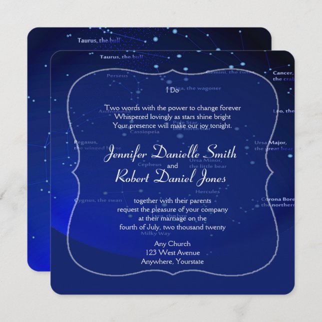 Invitation Constellations sur Mariage bleu (Devant / Derrière)