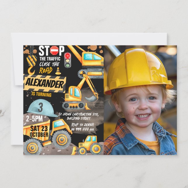 Invitation Construction 3e anniversaire Photo Camion Digger (Devant)