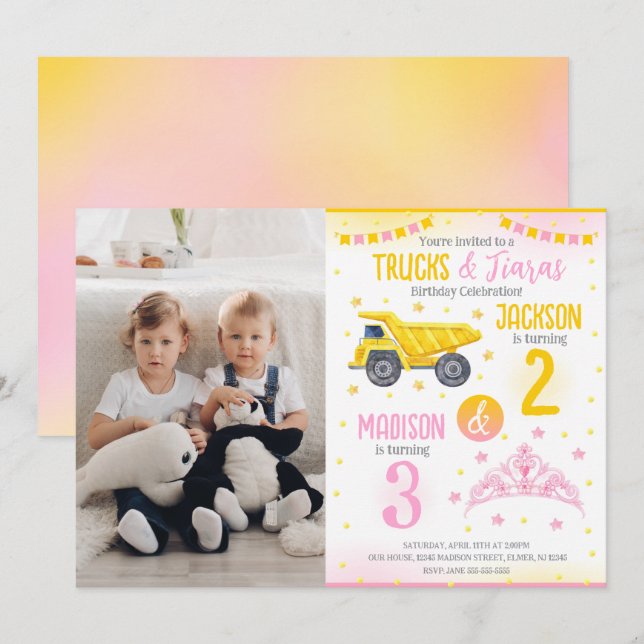 Invitation Construction and Princess Siblings Joint Birthday  (Devant / Derrière)