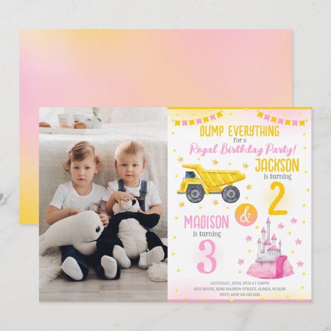 Invitation Construction and Princess  Siblings Joint Birthday (Devant / Derrière)