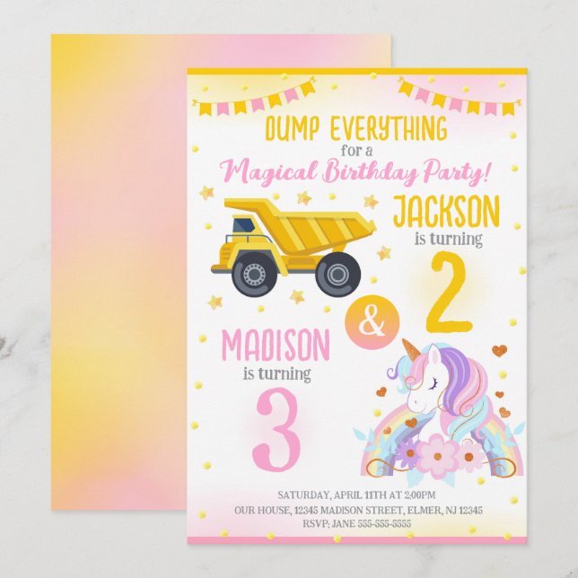 Invitation Construction and Unicorn Siblings Joint Birthday (Devant / Derrière)
