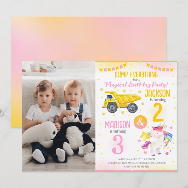 Invitation Construction and Unicorn Siblings Joint Birthday (Devant / Derrière)
