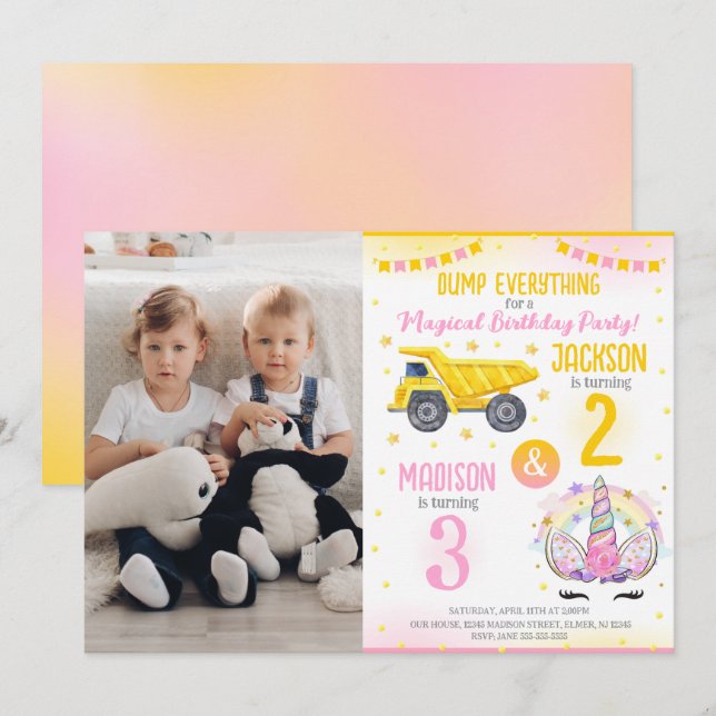 Invitation Construction and Unicorn Siblings Joint Birthday (Devant / Derrière)